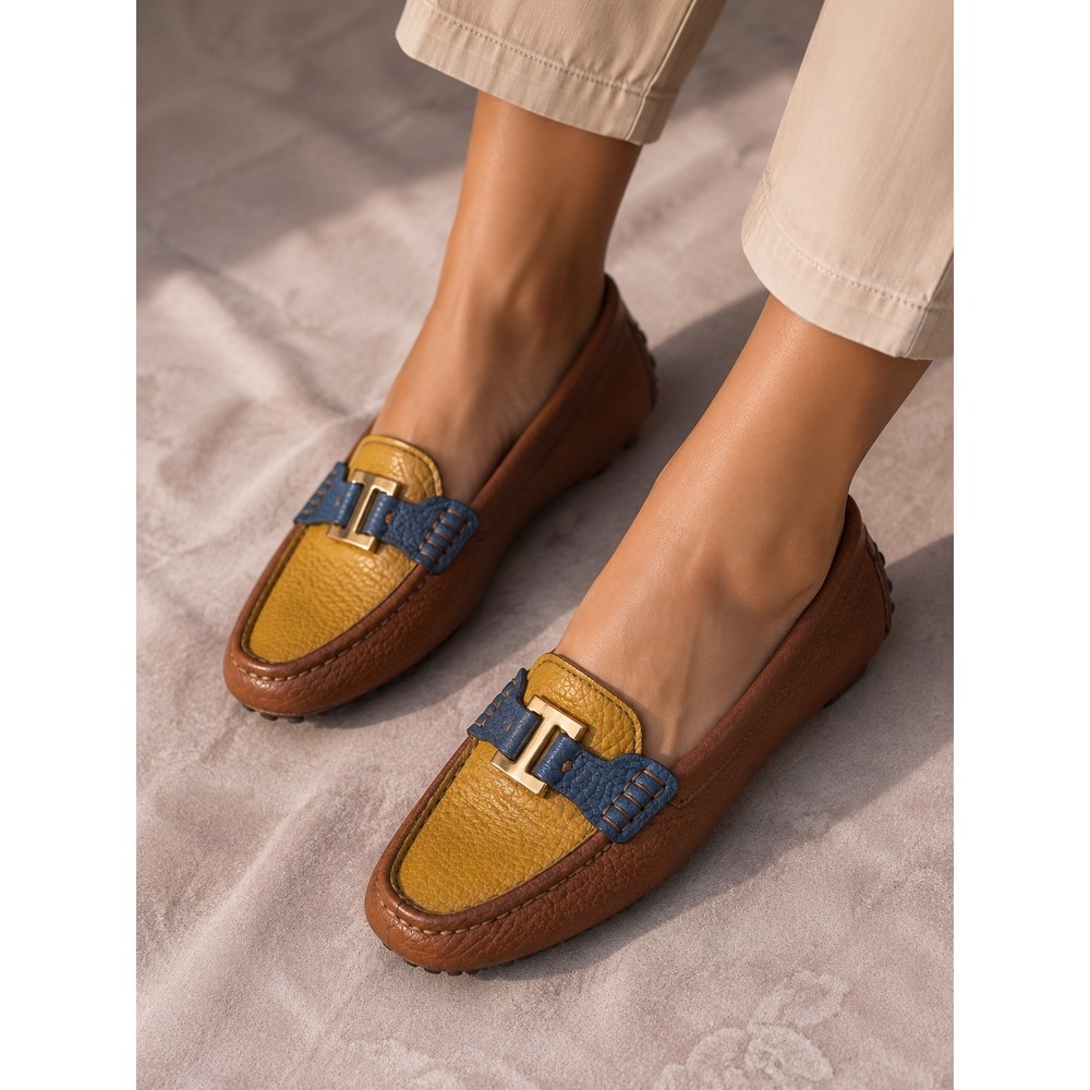 Tory Burch Colorblock Pebbled Leather Driving Loafers Brown Yellow‎ Blue 6M